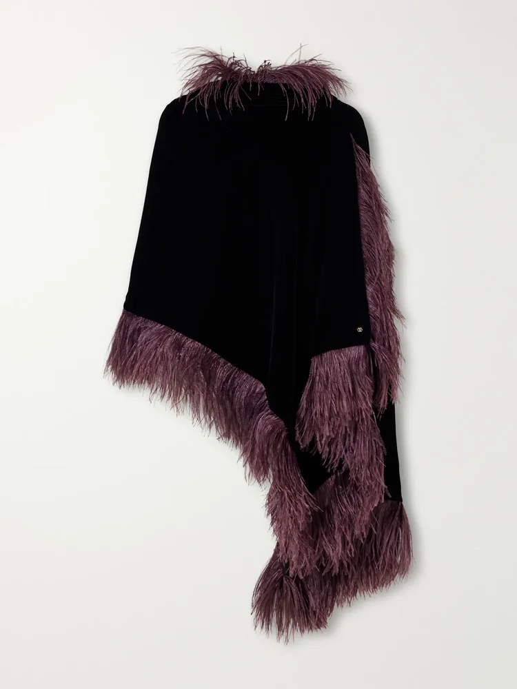VLogo-embellished feather-trimmed velvet wrap