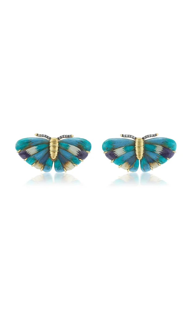 18k Yellow Gold Blue Butterfly Marquetry Earrings with Diamond, Small