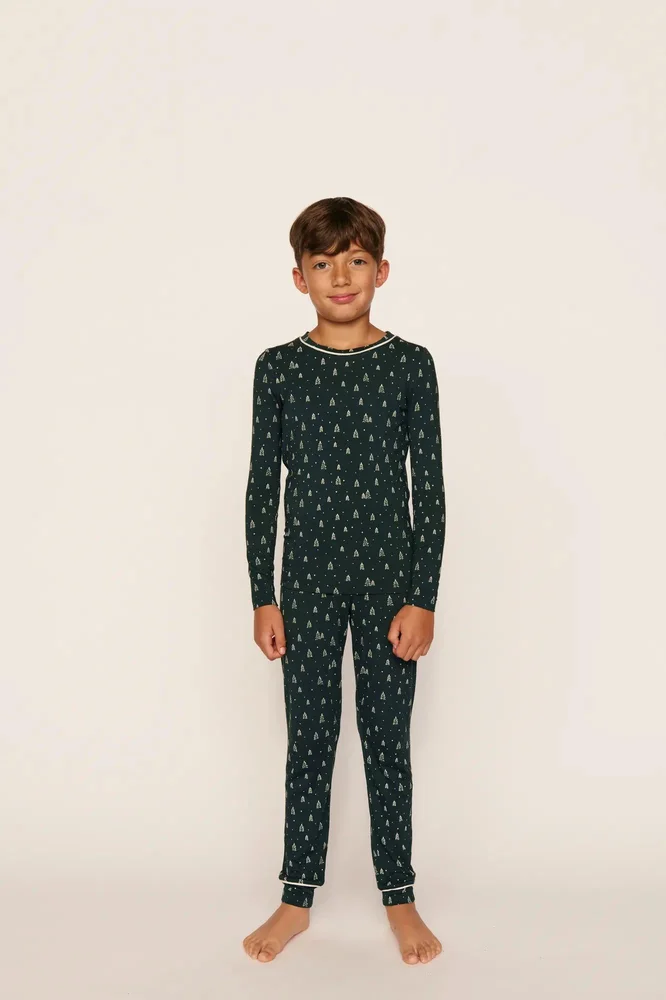 Kids Printed TENCEL Modal Unisex Long PJ Set in Winter Pine
