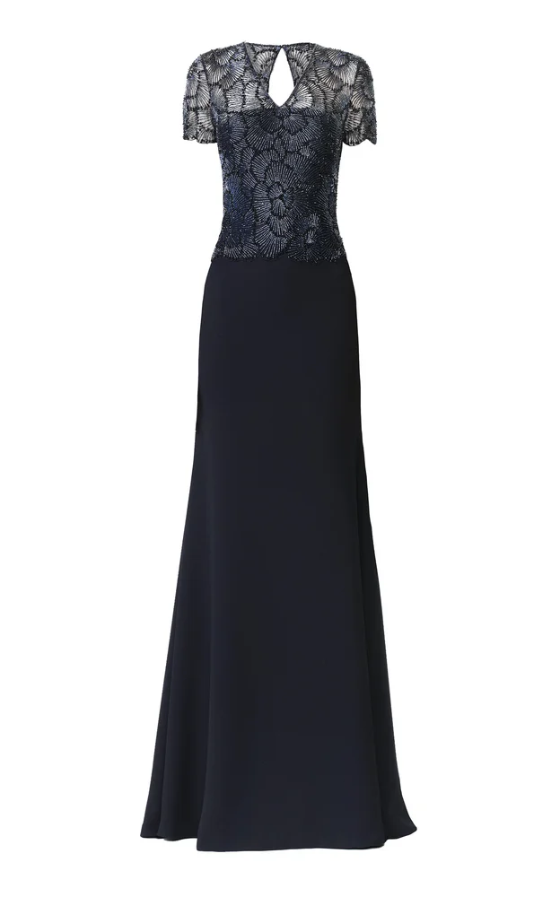 Fit-And-Flare Beaded Crepe Gown