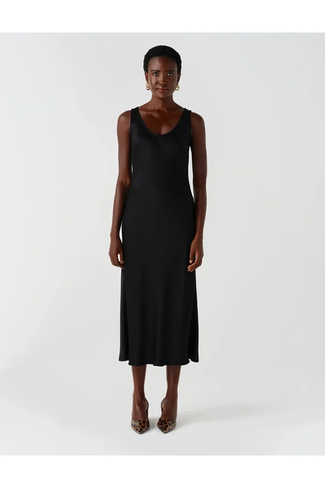 Palm Satin Sleeveless Slip Midi Dress