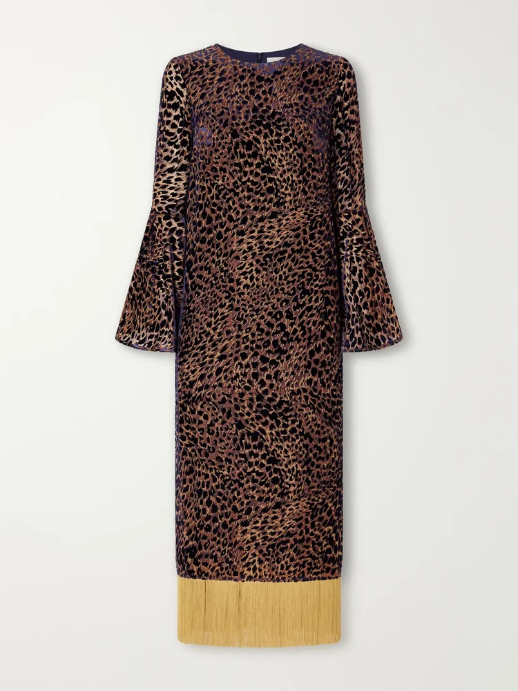 Astoria fringed leopard-jacquard devoré midi dress