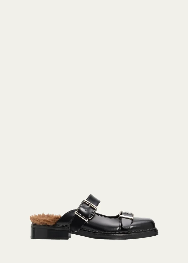 Faux Fur Lined Leather Mary Jane Mules