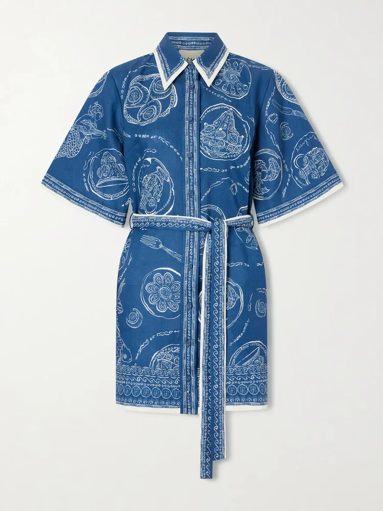 Lucky belted printed linen mini dress
