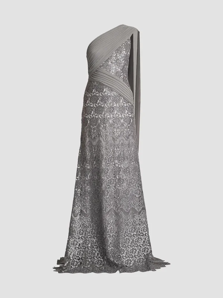 Sequined Lace One-Shoulder Gown