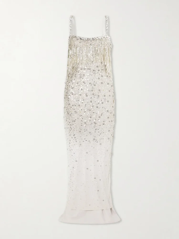 Iris embellished cape-effect georgette gown