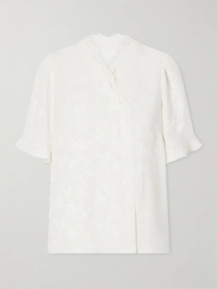 Margarita mesh and crochet-trimmed floral-jacquard silk-crepe blouse