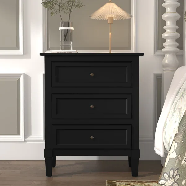 Black Nightstand with Three Drawers, Fully Assembled