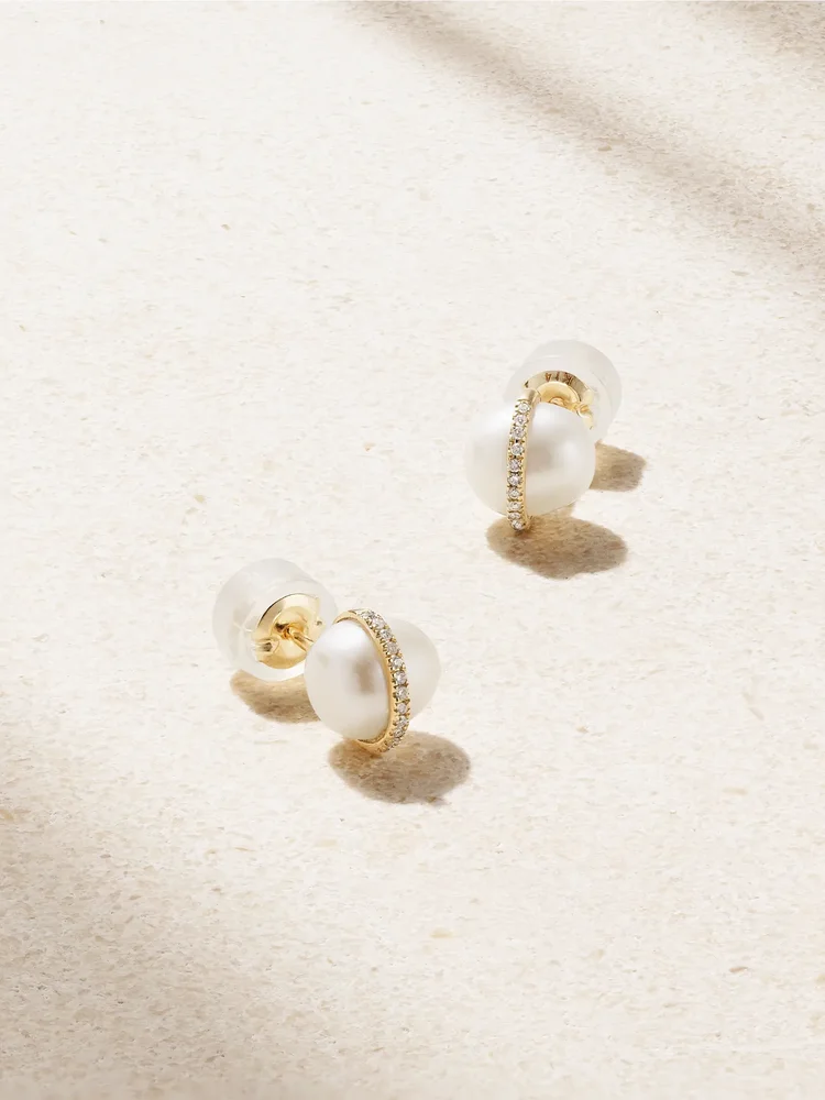 14-karat recycled gold, pearl and diamond earrings