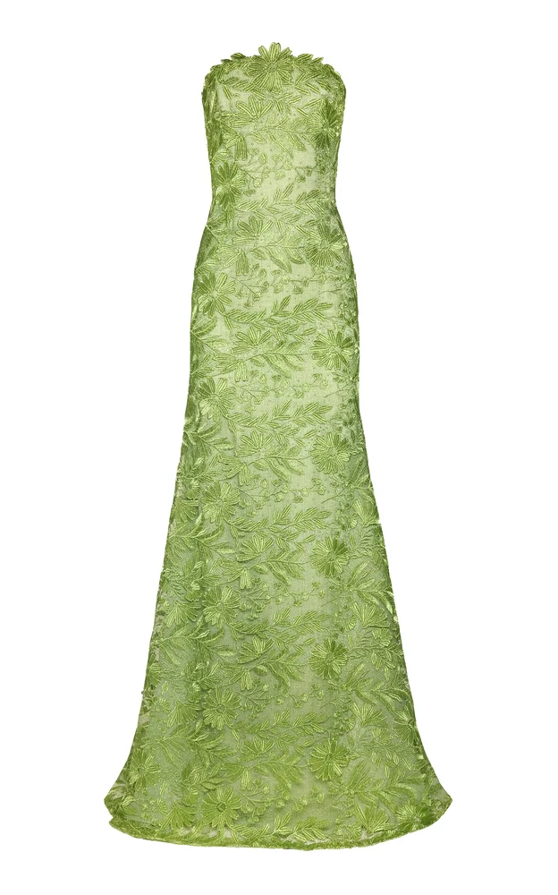 Metallic Lace Strapless Fit-And-Flare Gown