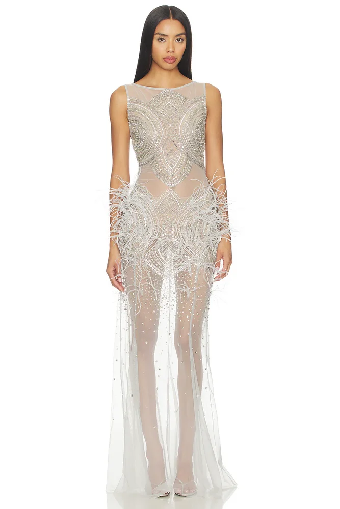 Mosaic Crystal Embroidery Sleeveless Boatneck Gown