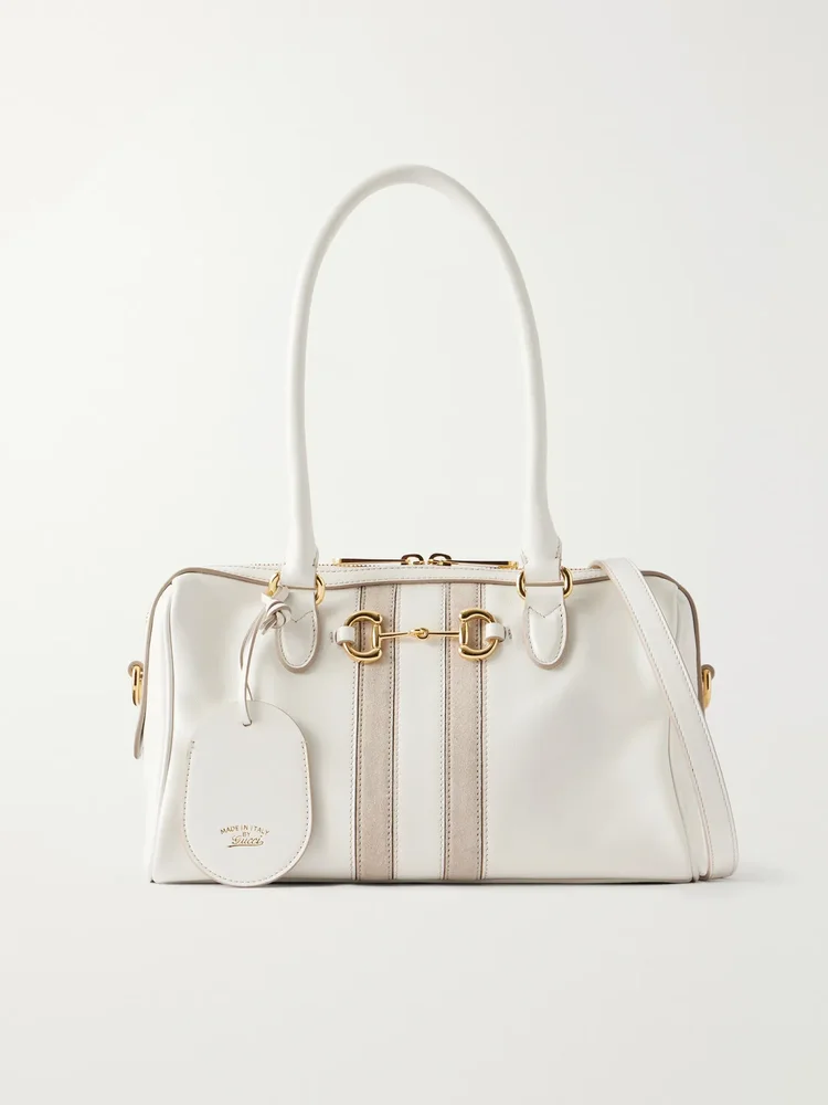 borsetto horsebit detailed suede trimmed leather shoulder bag