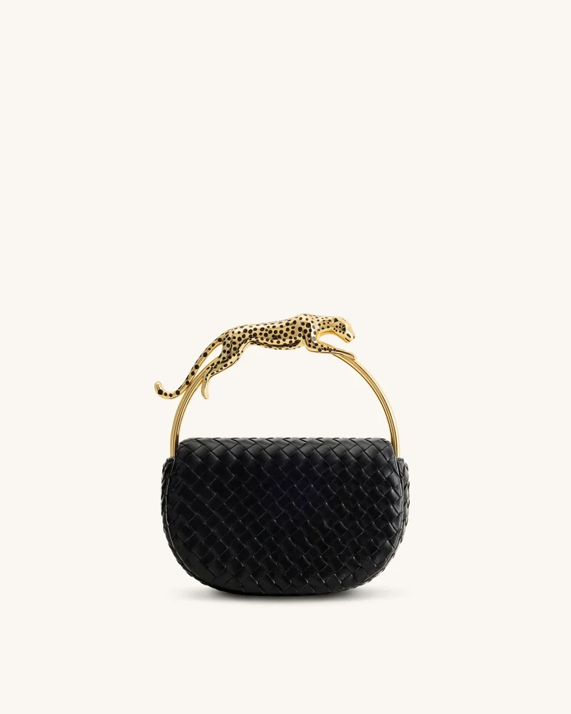 Ione Leopard Shaped Hardware Handle Woven Top Handle Bag - Black