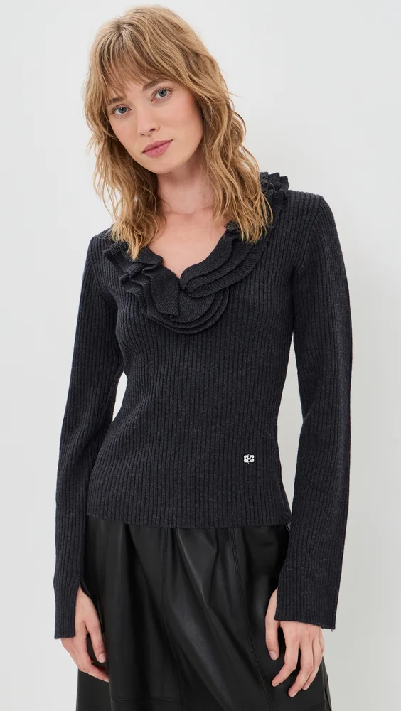 Ribbed Merino Wool Frill Sweater