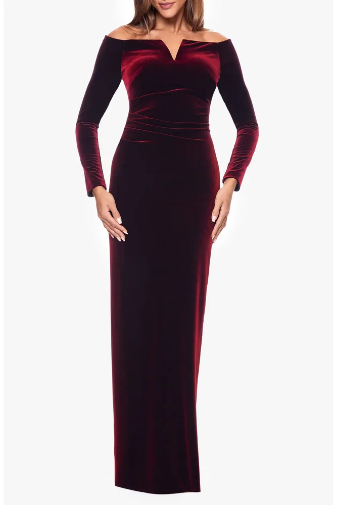 Off the Shoulder Long Sleeve Velvet Gown