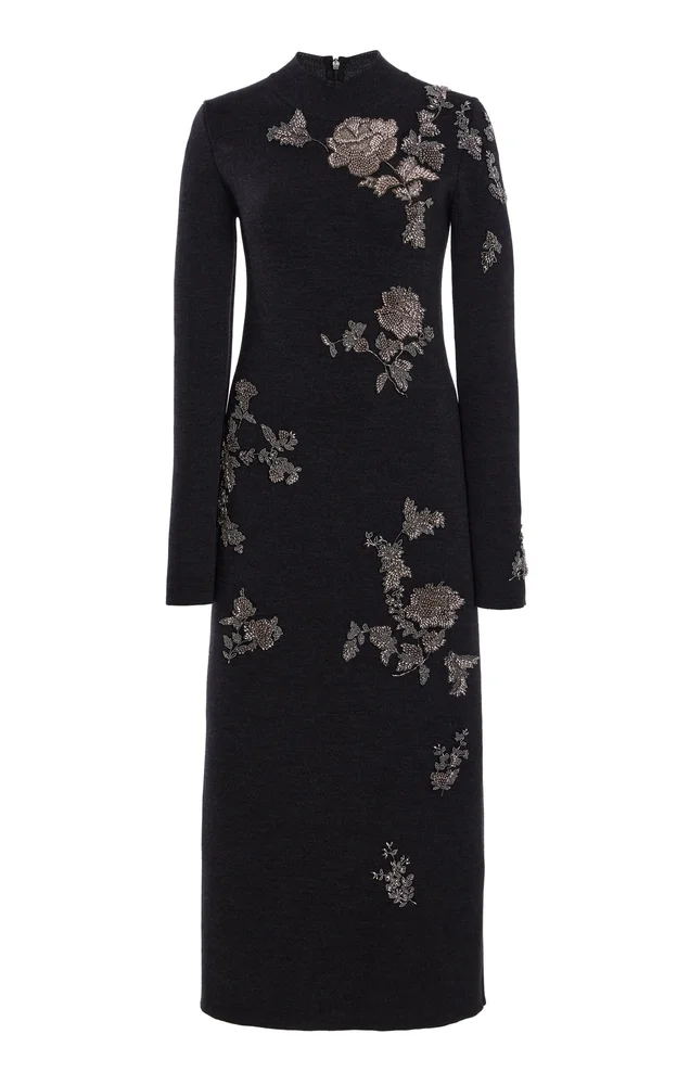 Embroidered Knit Midi Dress