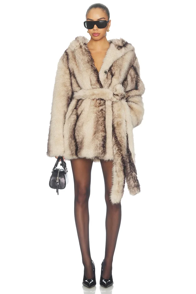 Page Faux Fur Hooded Robe Jacket