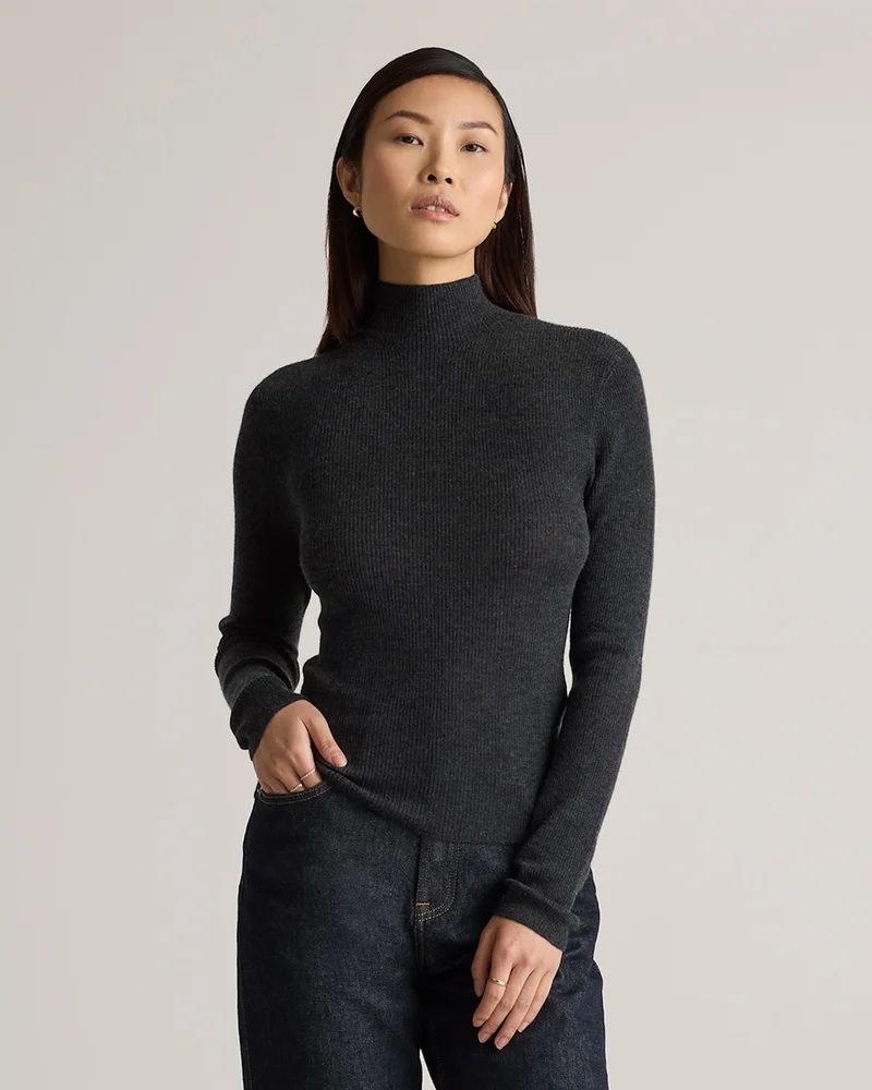 Featherweight Cashmere Ribbed Mockneck Sweater in Charcoal