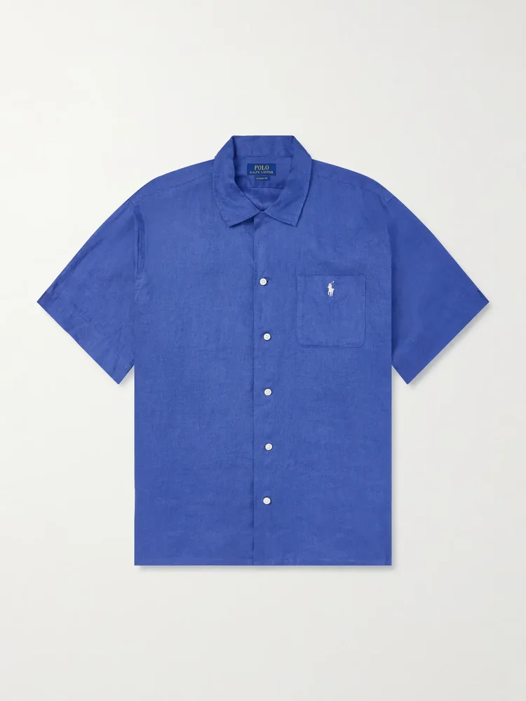 Convertible-Collar Logo-Embroidered Linen Shirt