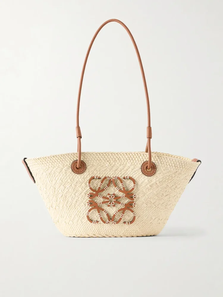plus paula s ibiza anagram basket leather trimmed raffia shoulder bag