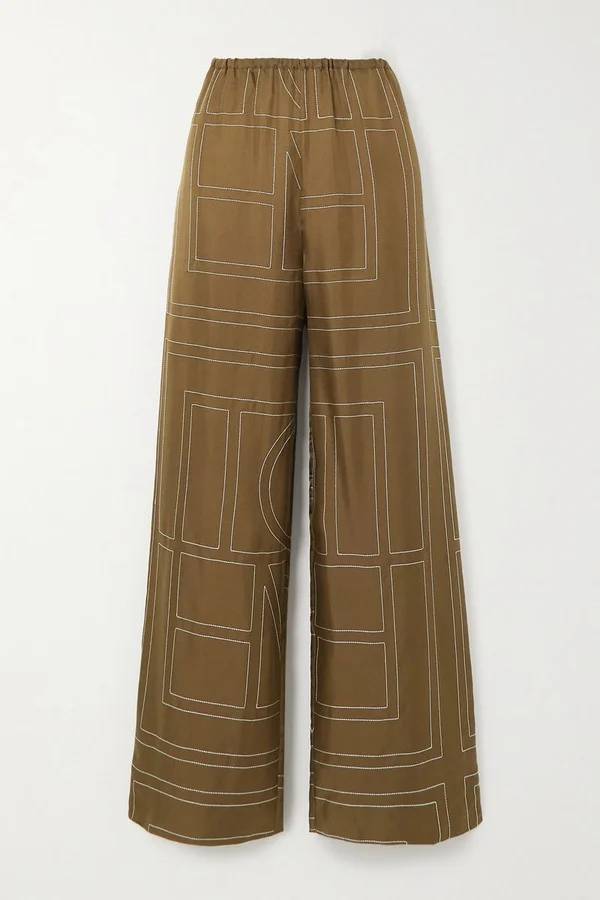 TOTEME Embroidered Silk-Twill Wide-Leg Pants