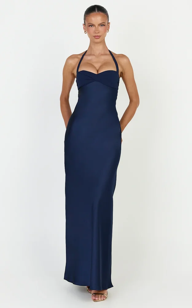 Flynn Maxi Dress, Satin Halter Sweetheart Neck Dress in Navy