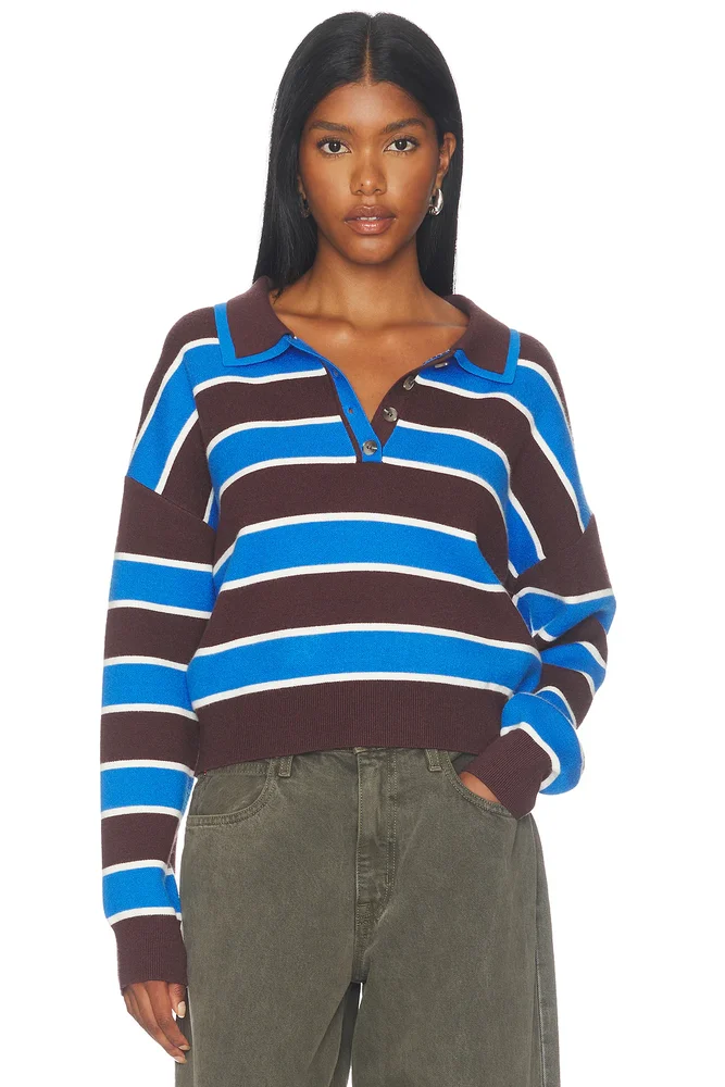 Vera Double Johnny Collar Rugby Stripe Pullover Sweater