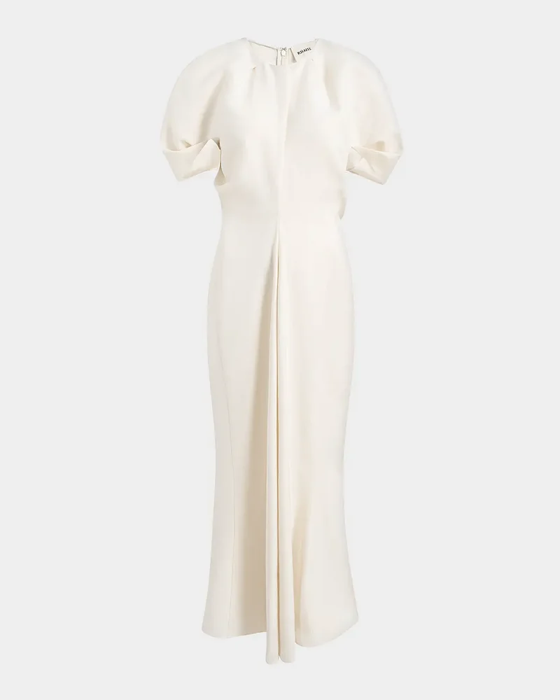 Ria Linen Draped-Waist Puff-Sleeve Midi Dress