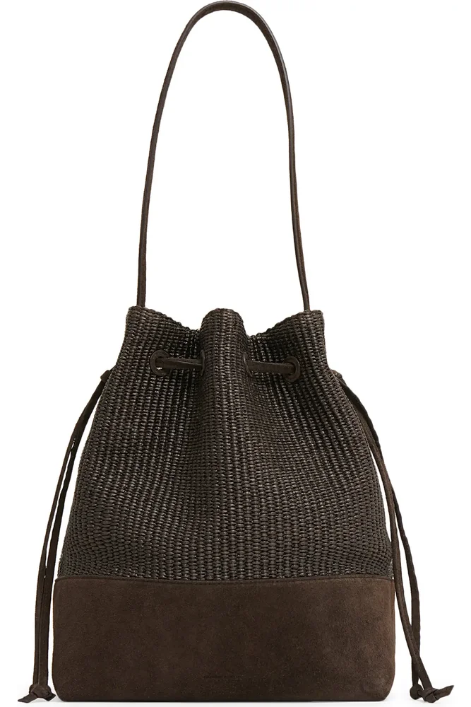 Drawstring Woven Raffia & Suede Bucket Bag, Ebony