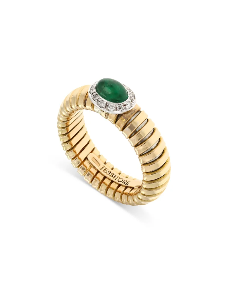 18K Yellow Gold Via Giardino Tubogas Domed Emerald Cabochon & Diamond Ring