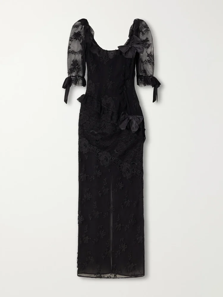 Bow-detailed lace-trimmed cotton-blend midi dress