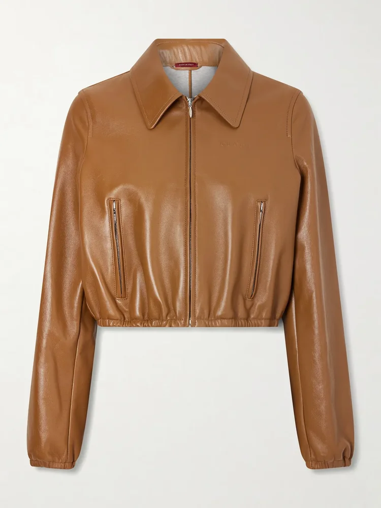 Cropped embossed leather bomber jacket