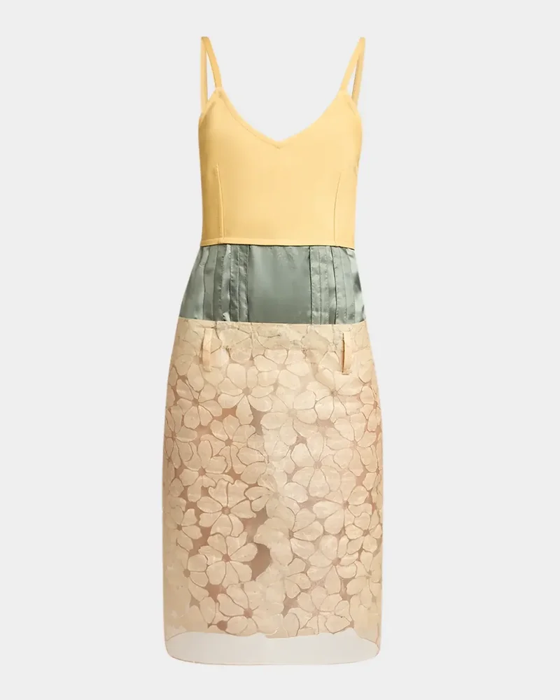 Mixed-Media Sleeveless Floral Burnout Midi Dress