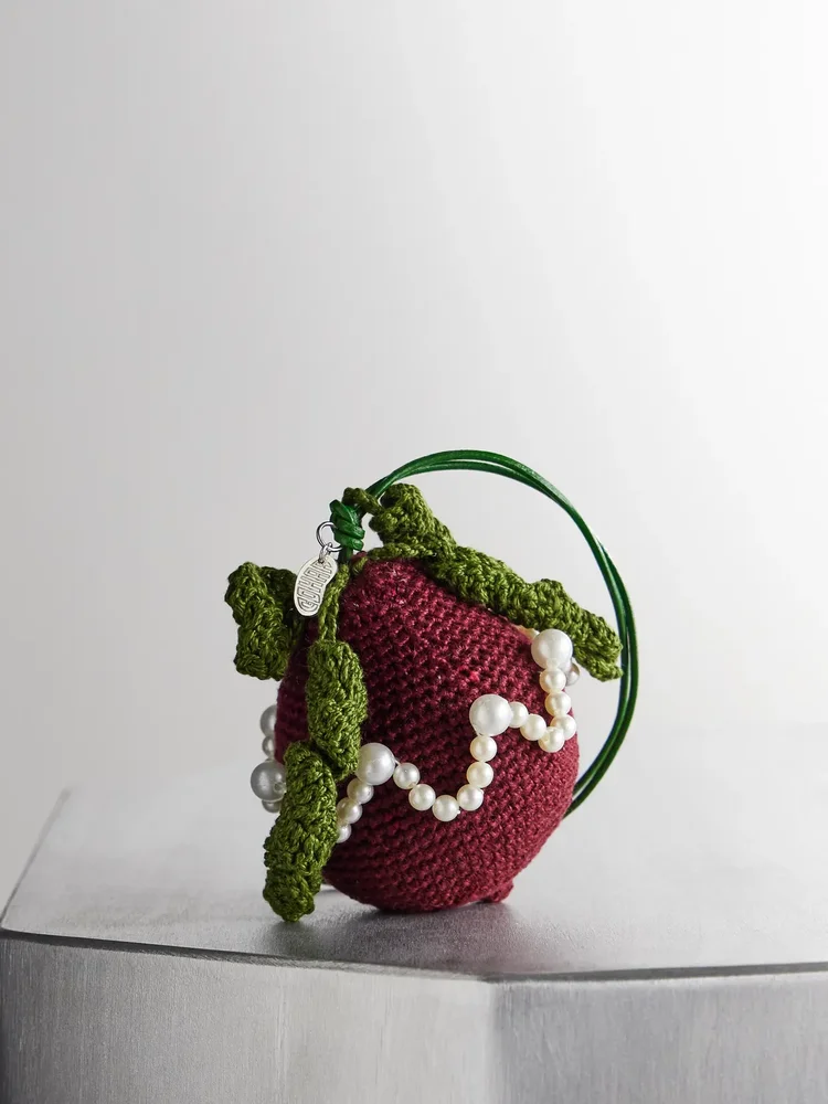 Embellished crocheted cotton bag charm