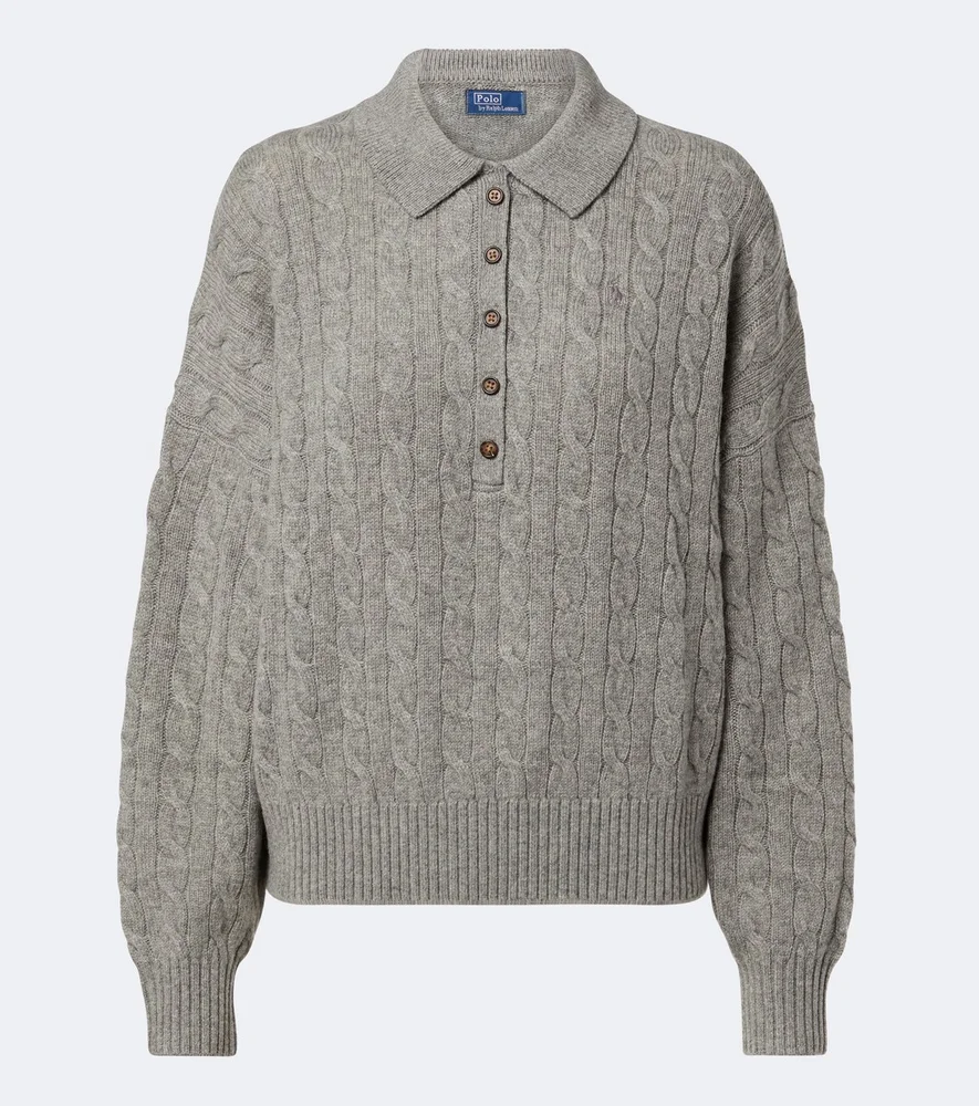 Cable-knit wool and cashmere polo sweater