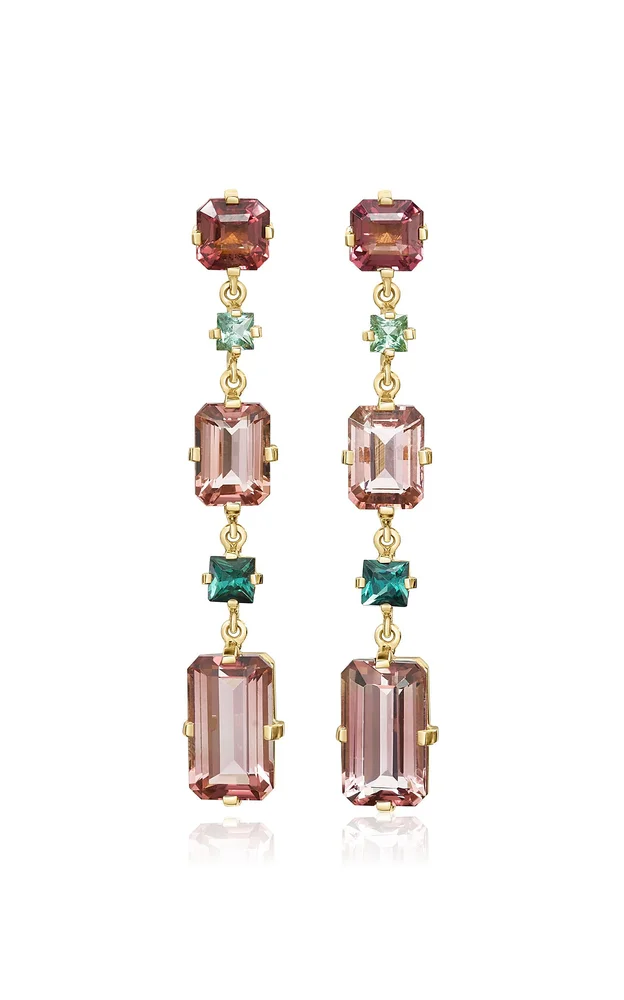 18K Yellow Gold Tourmaline And Indicolite Bar Earrings