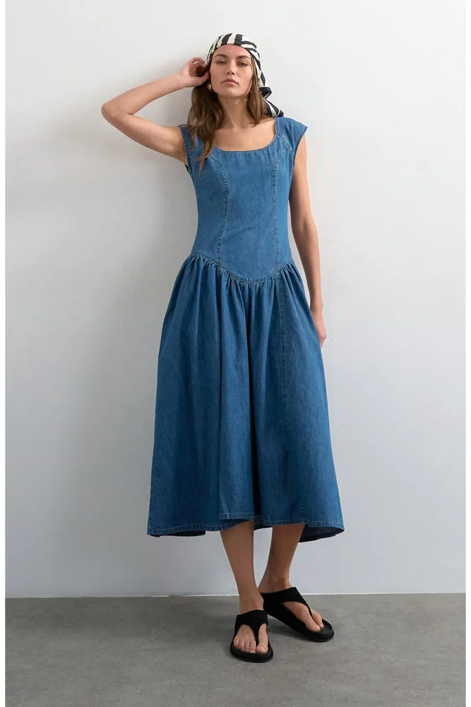 Denim Drop Waist Dress in Med Blue
