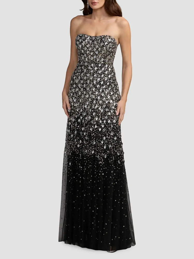 Beaded Mesh Strapless A-Line Gown
