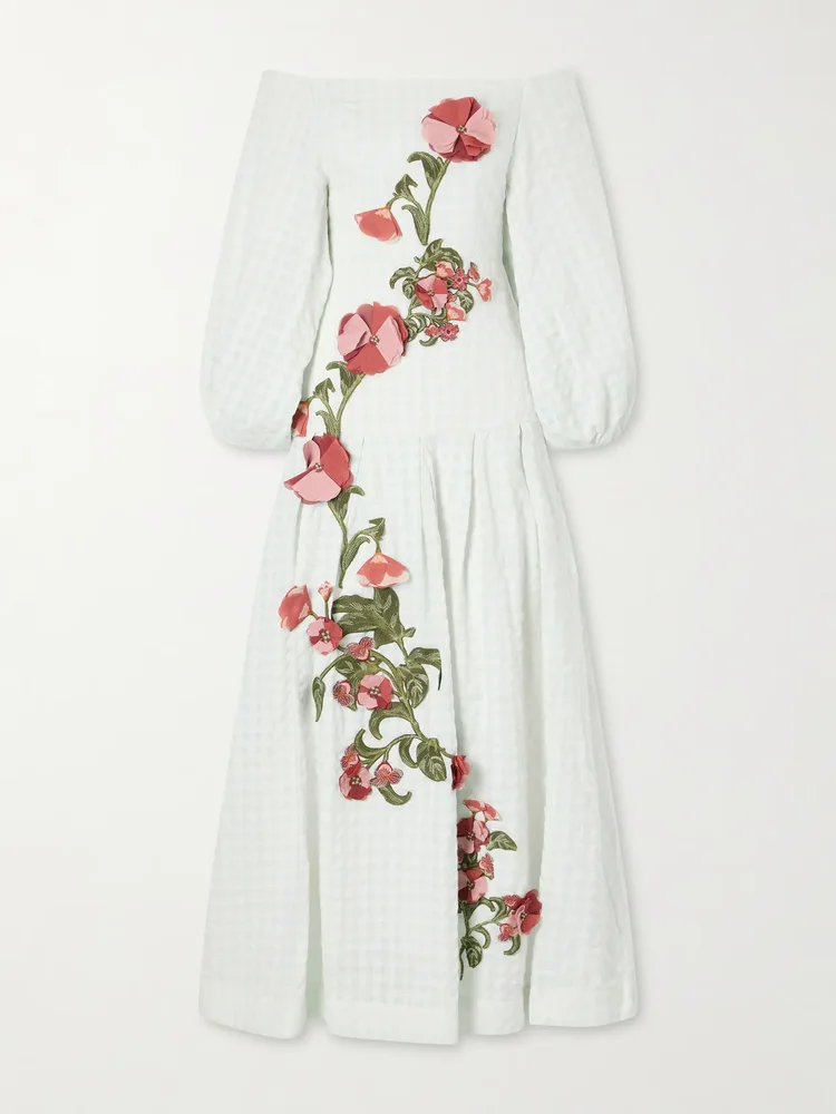 Senlis off-the-shoulder floral-appliqué checked linen maxi dress