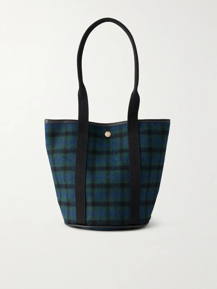 bucket leather and webbing trimmed canvas tote