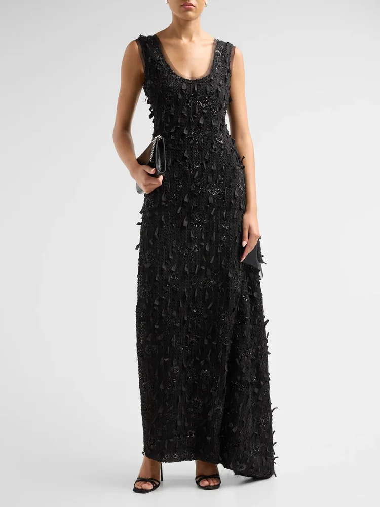 Side-Drape Textured Maxi Dress