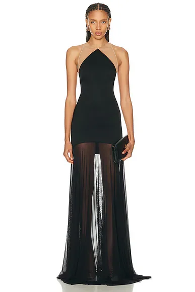 Halter Neck Mesh Skirt Gown