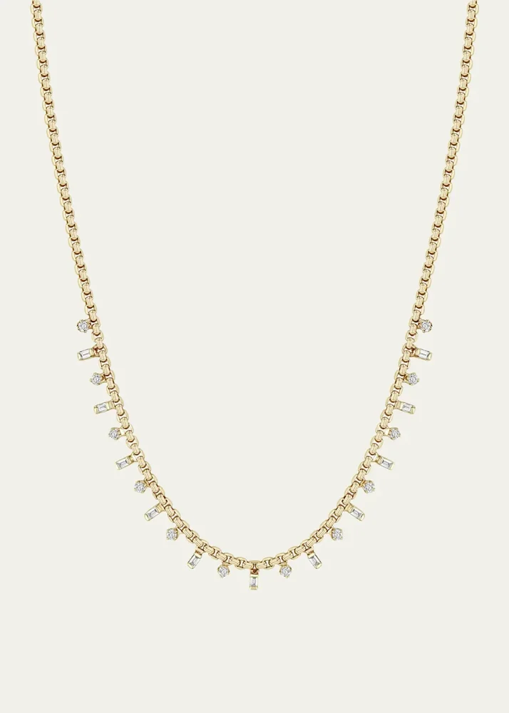 14K Alternating Baguette and Round Diamond Small Box Chain Necklace