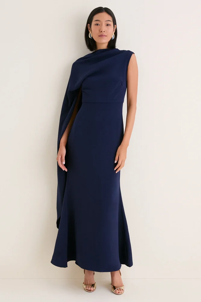 Deep Navy Leonara Asymmetric Cape Dress