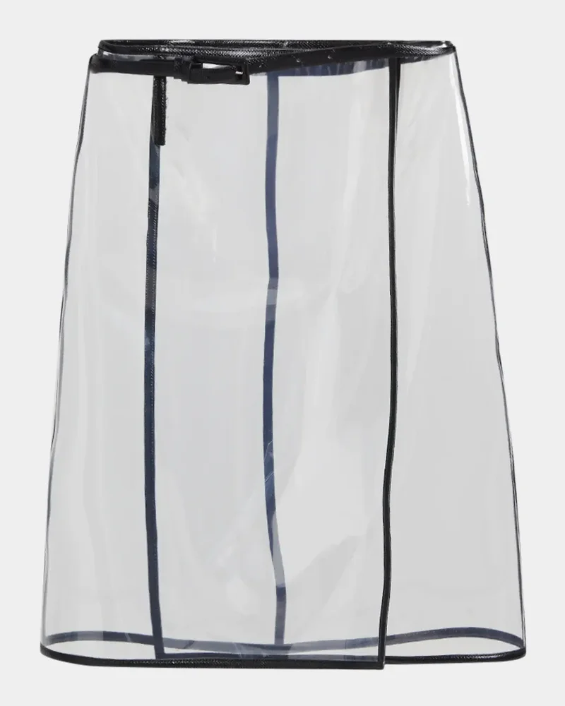 Glass-Effect Techno Leather-Trim Belted Wrap Skirt