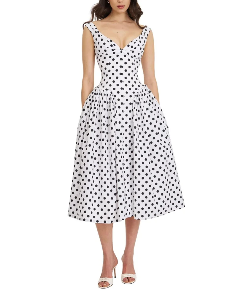 Rahma Polka Dot Drop Waist Midi Cotton Poplin Dress