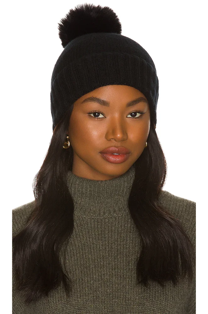 Cashmere Slouchy Cuff Beanie with Faux Fur Pom