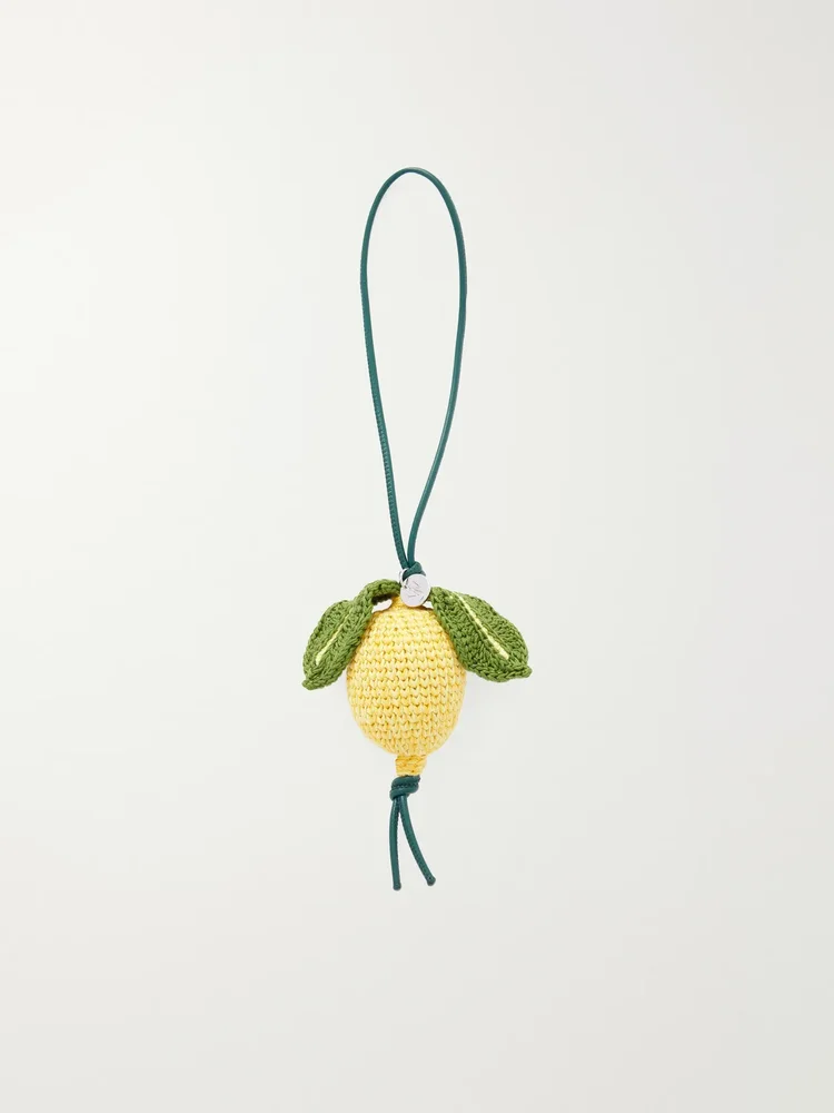 Lemon crocheted cotton and leather bag charm