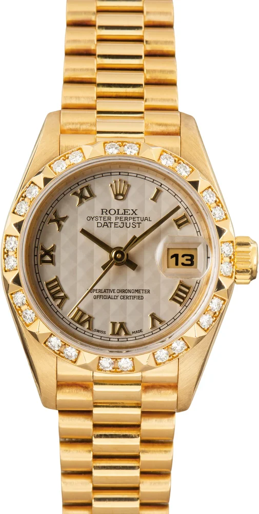Pre-Owned Rolex Lady-Datejust President 26 69258 Ivory Pyramid Dial Yellow Gold