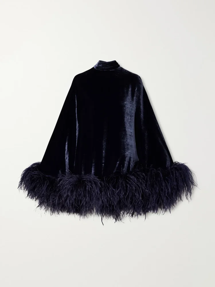 Vegas feather-trimmed velvet mini dress